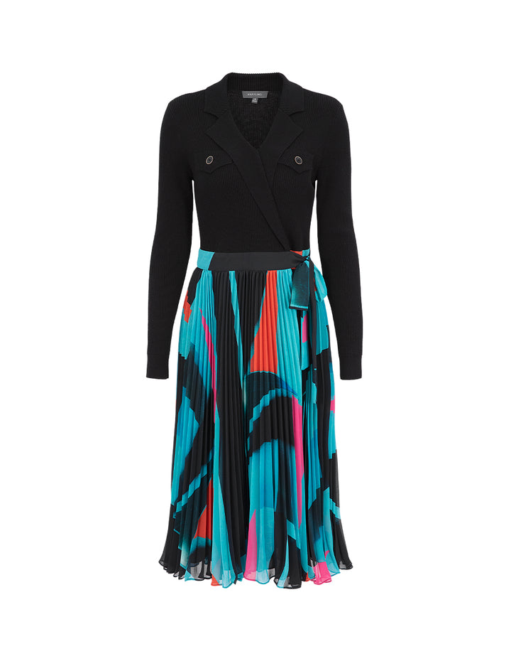 MARYLING Lapel Knitted Patchwork Printed Pleated Midi Dress