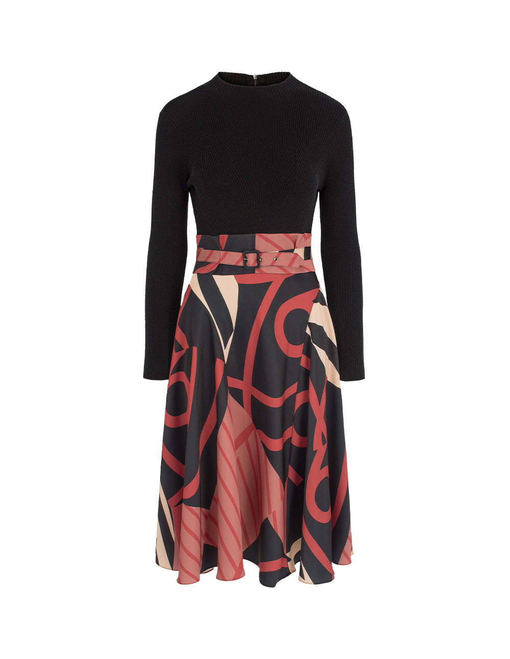MARYLING Round-Neck Long-Sleeve Knitted Printed Pleated Midi Dress