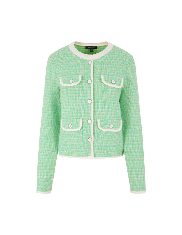 MARYLING Round Neck Long-Sleeve Tweed Multi-Pocket Short Cardigan