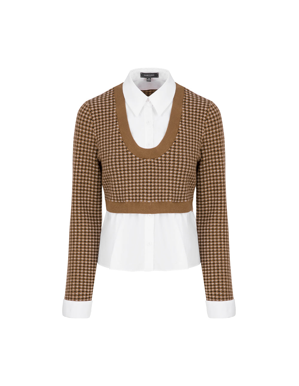 MARYLING Camel Checkered Patchwork Knit Blouse