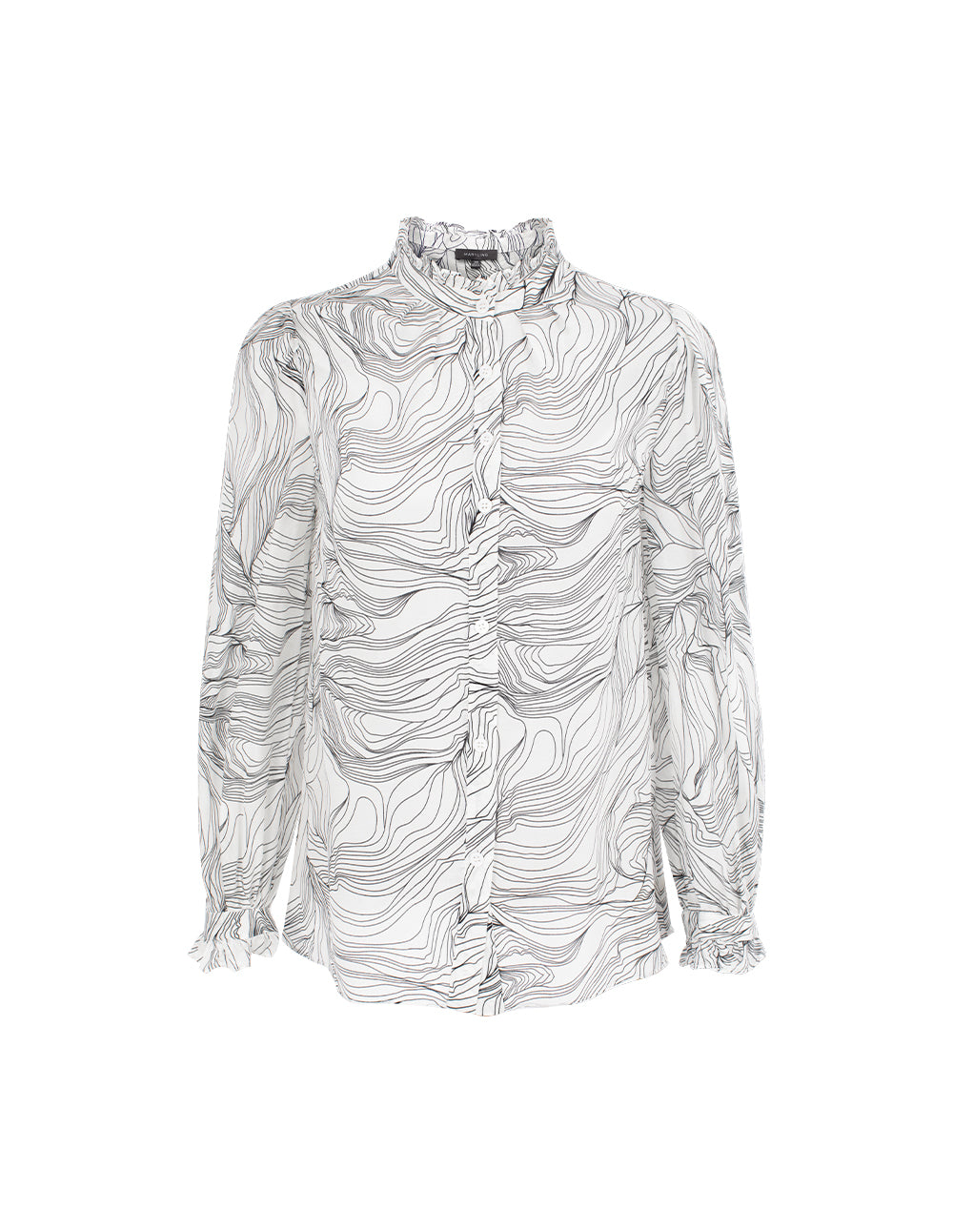 MARYLING Ruffled Stand Collar Black Stripe Printed Long-Sleeve Silk Blouse