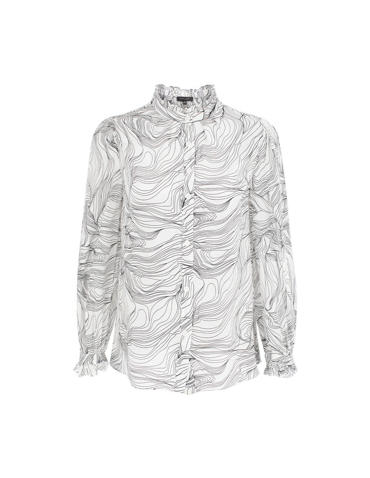 MARYLING Ruffled Stand Collar Black Stripe Printed Long-Sleeve Silk Blouse