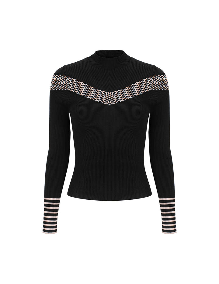 MARYLING Half-Turtleneck Long-Sleeve Diamond Pattern Fitted Knit Pullover