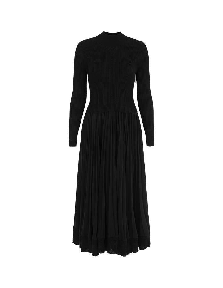 MARYLING Round Neck Long Sleeve Patchwork Wool Pleated Midi Knit Dress