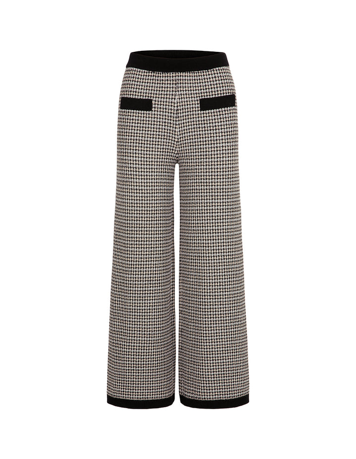 MARYLING Black And White Houndstooth Knitted Straight Wide-Leg Pants