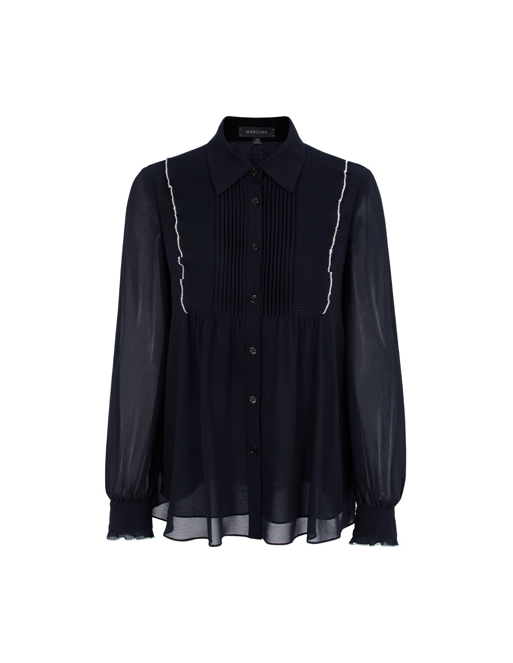 MARYLING Sheer Long-Sleeved Pintuck Ruffle-Trim Silk Blouse