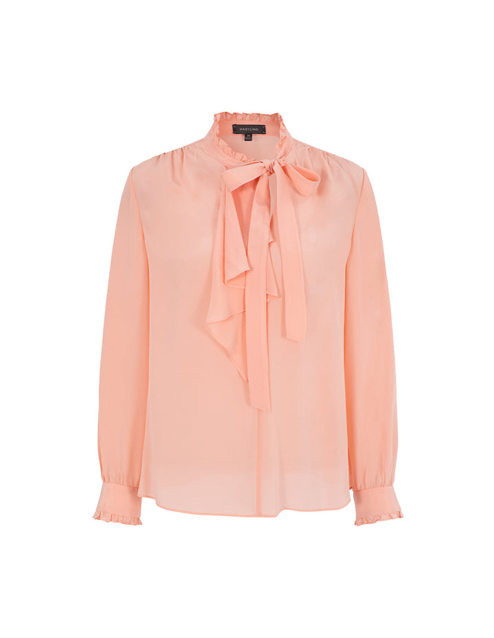 MARYLING Bowknot Ruffled Stand Collar Long Sleeve Mulberry Silk Blouse