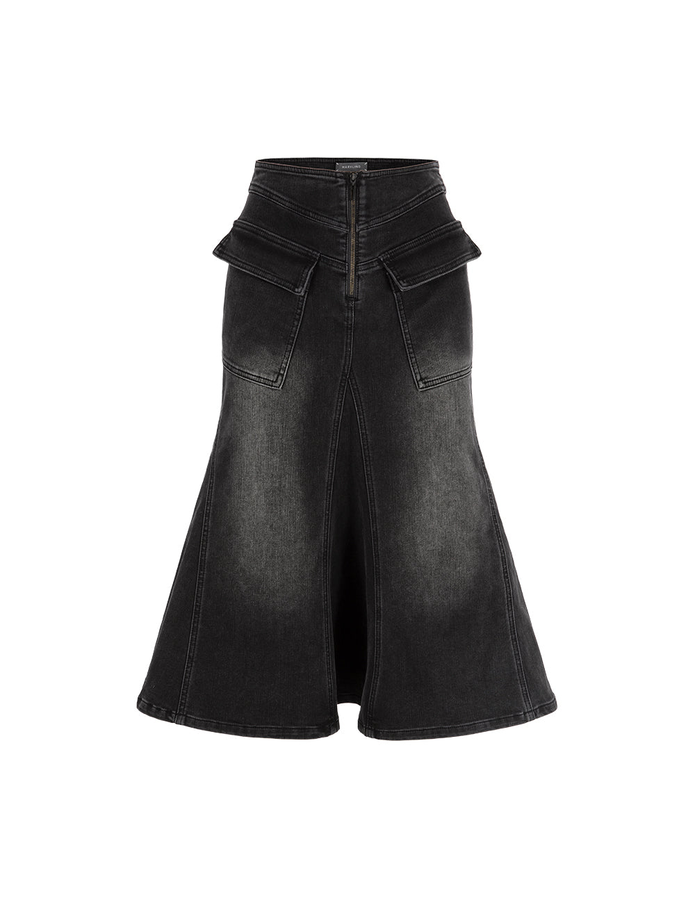 MARYLING Smoke Black Washed Denim Fishtail Knee-Length Skirt