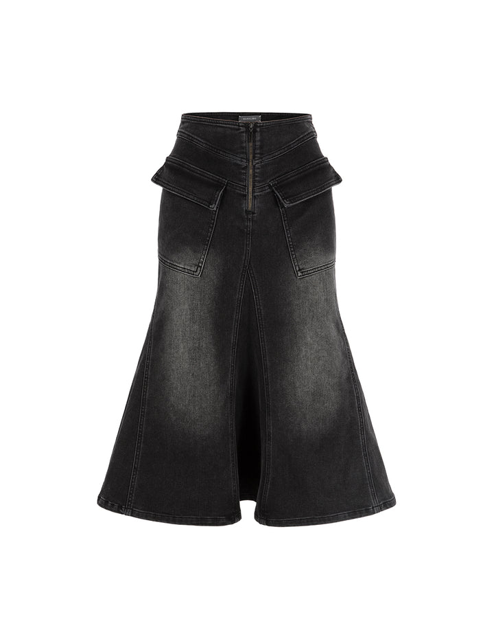 MARYLING Smoke Black Washed Denim Fishtail Knee-Length Skirt