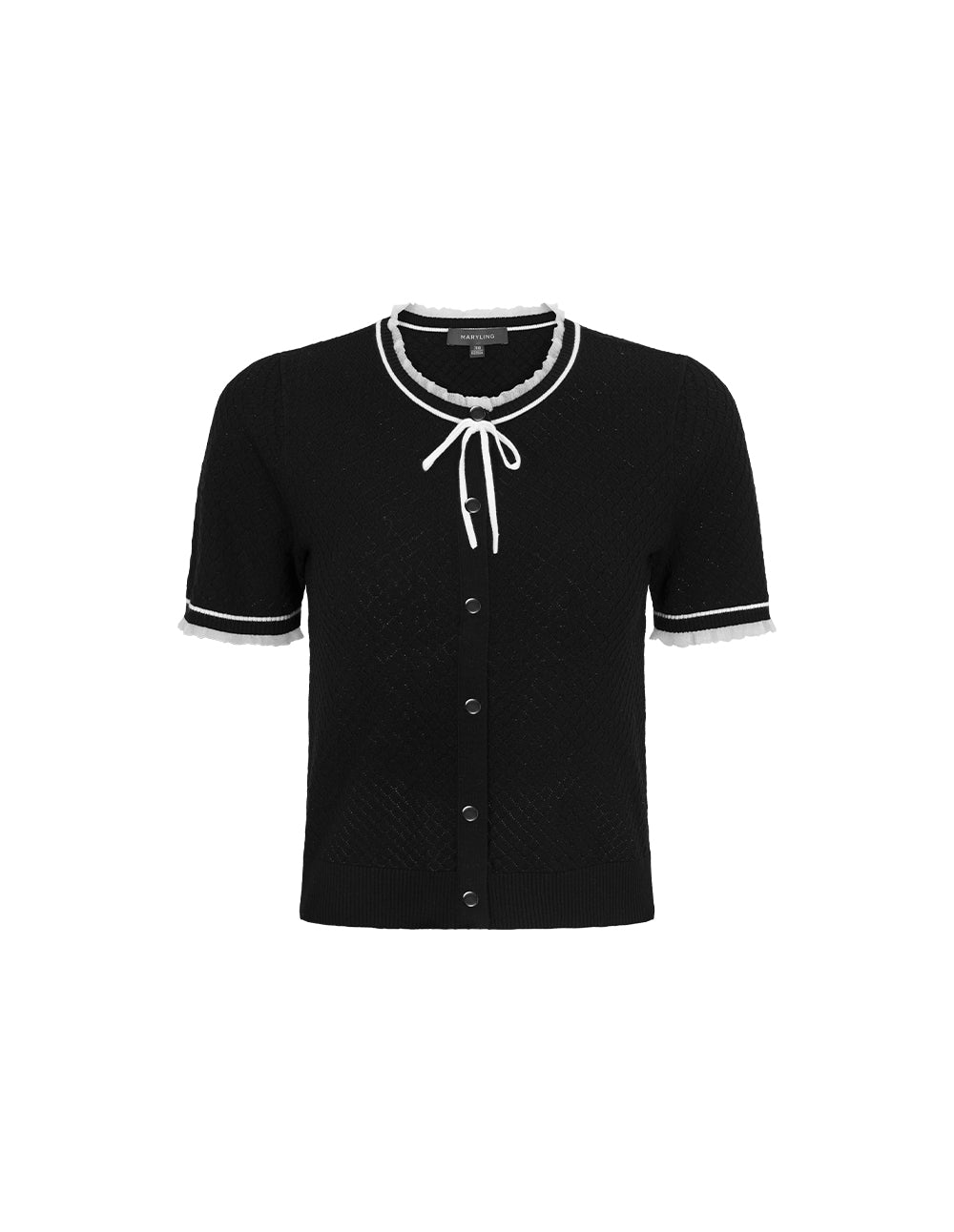 MARYLING Ruffled Round Neck Bowknot Crochet Detail Short-Sleeve Knit Cardigan