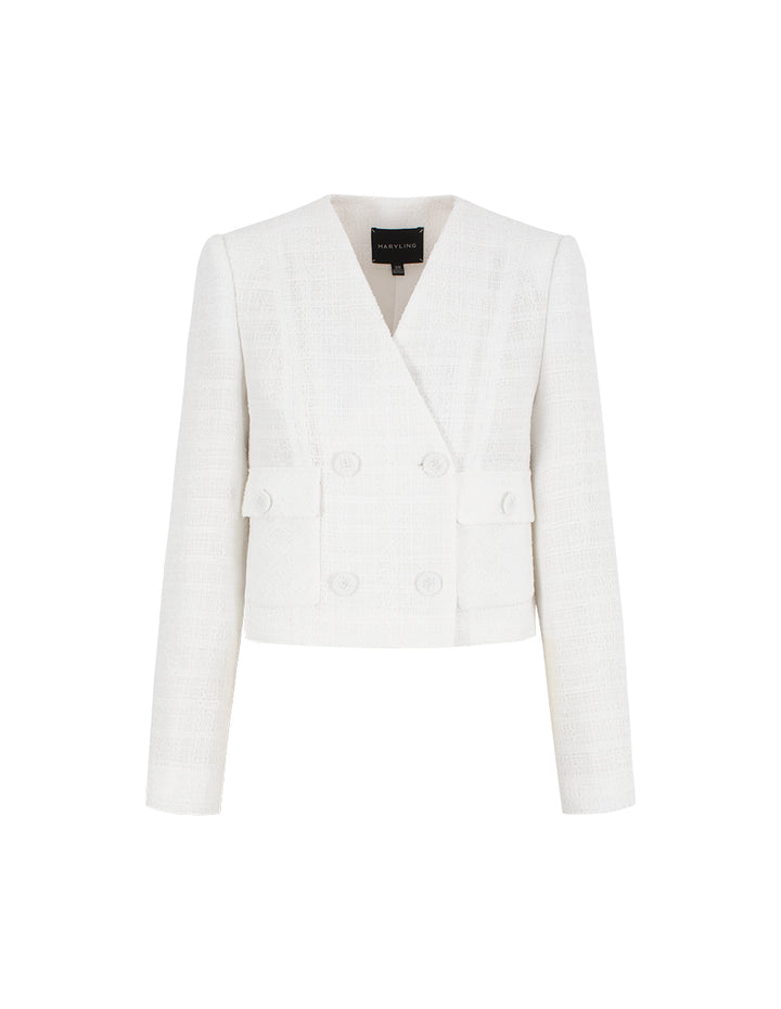 MARYLING V-Neck Double-Breasted Wrap Cropped Tweed Blazer
