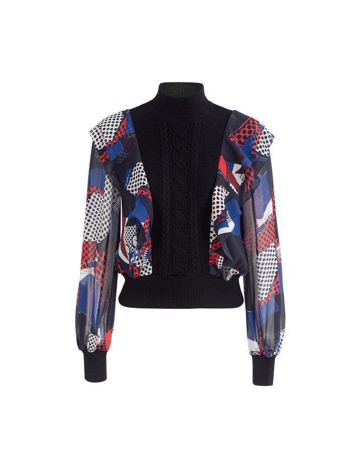 MARYLING Half-High Collar Long-Sleeved Blue & Red Printed Patchwork Knit Pullover