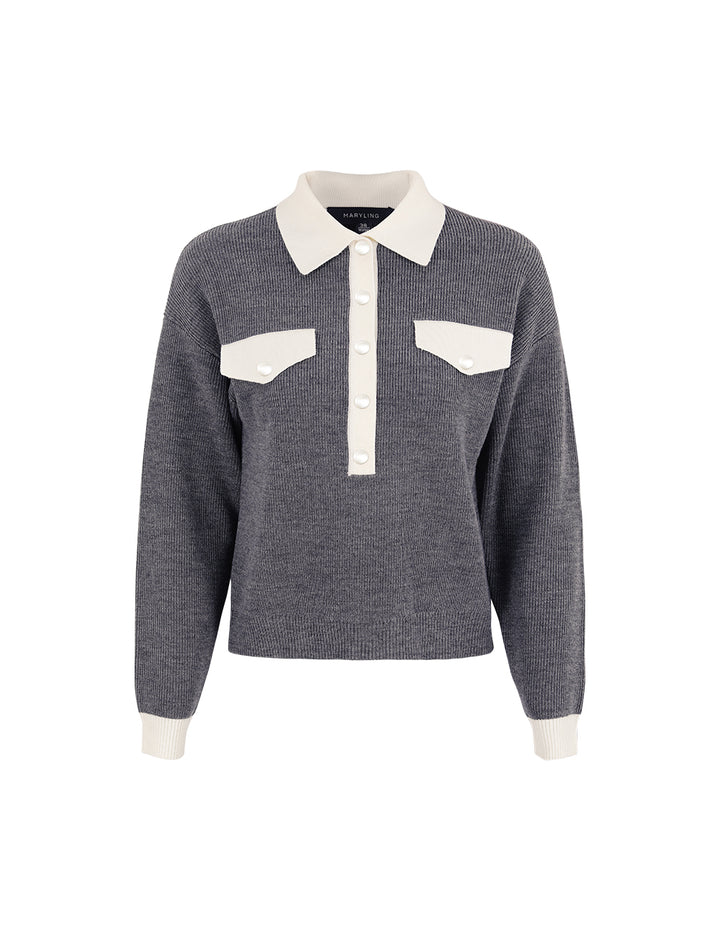 MARYLING Collar Ribbed Knit 100% Wool Pullover
