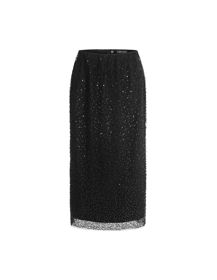 MARYLING Black Shiny Double-Layer High-Waisted Straight Skirt