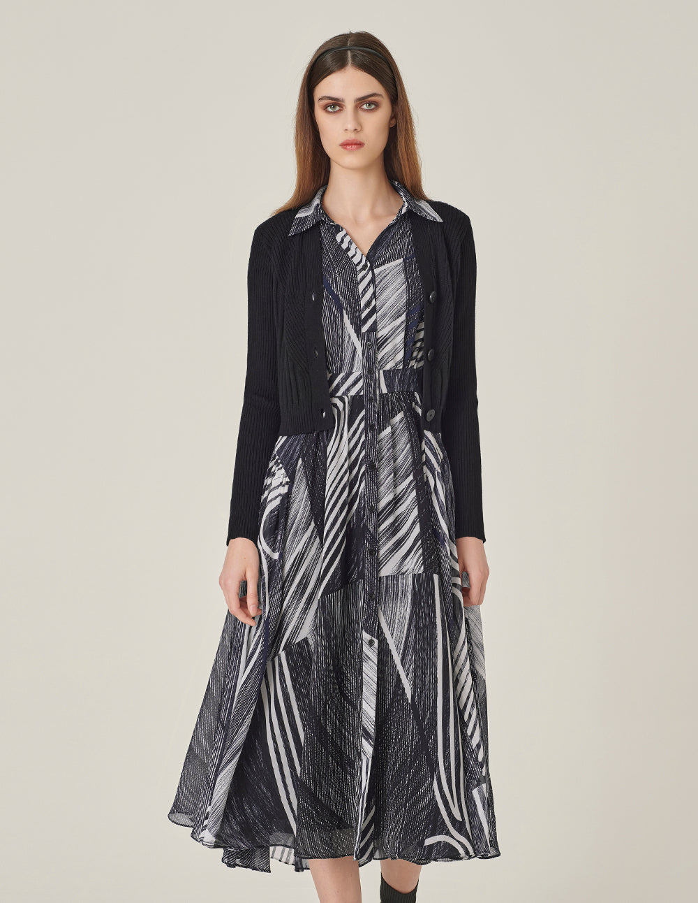 MARYLING V-Neck Shirt Collar Knitted Splicing Fake Two-Piece Printed Dress