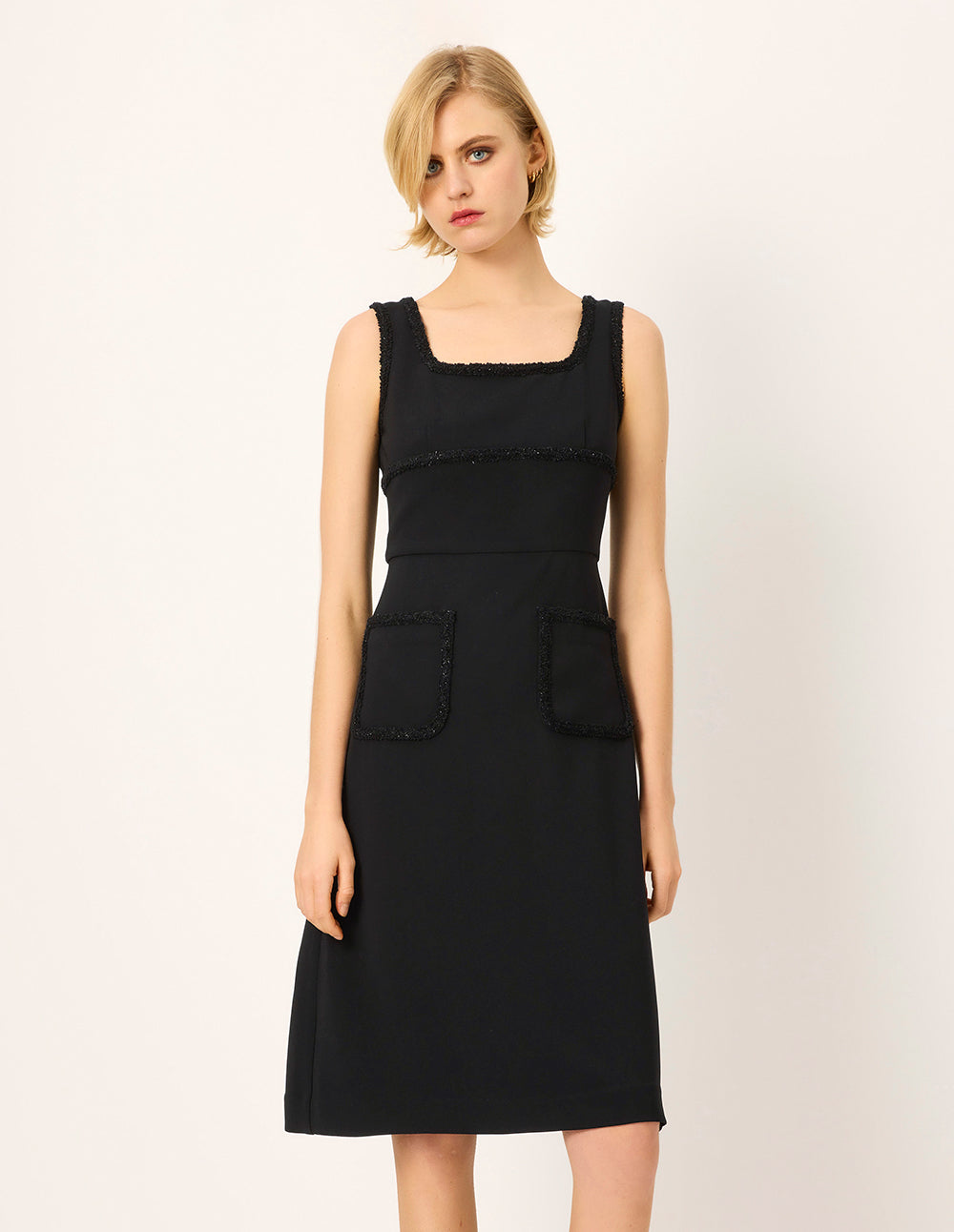 MARYLING Square Neck Sleeveless Tweed-Trim Midi Shift Dress