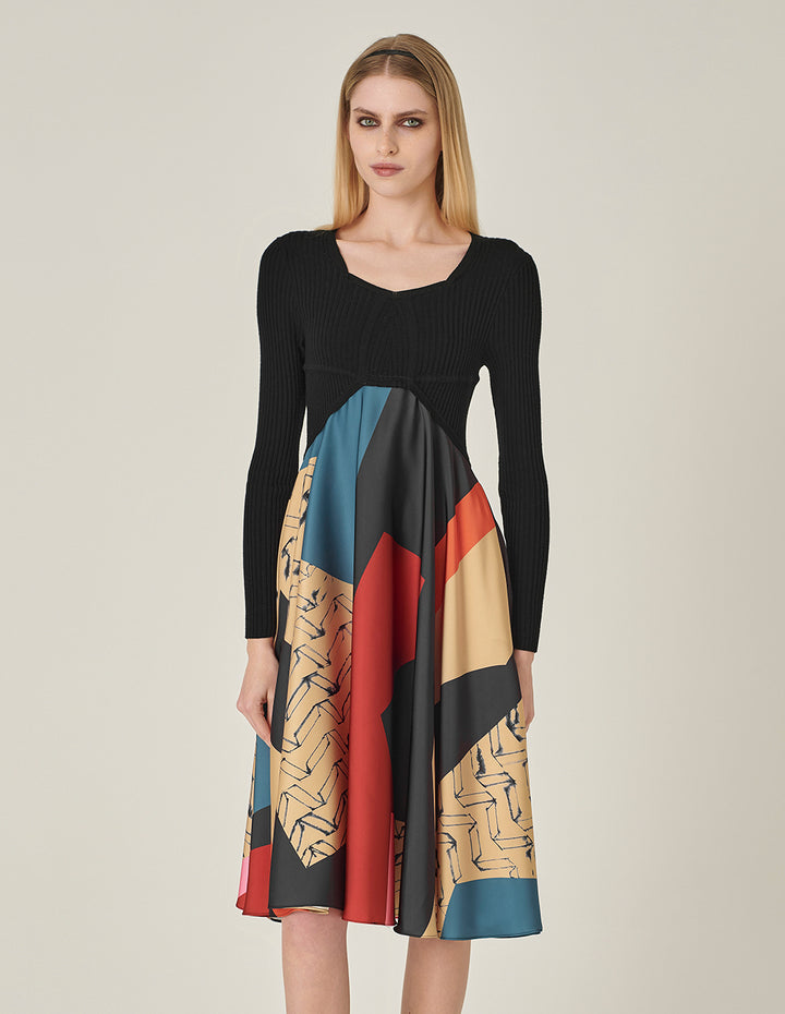 MARYLING V-Neck Printed Knitted Patchwork Dress