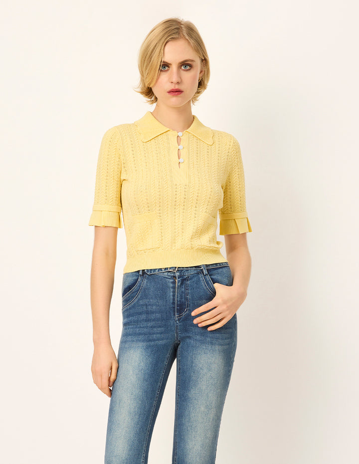 MARYLING Collared Short-Sleeve Silk Rib Knit Sweater