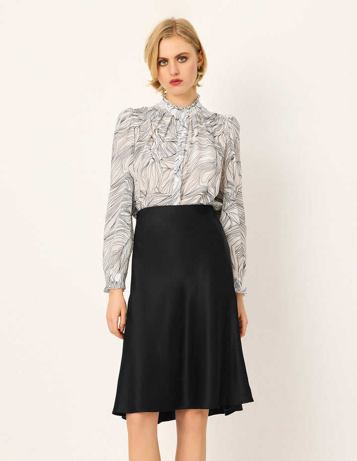 MARYLING Ruffled Stand Collar Black Stripe Printed Long-Sleeve Silk Blouse