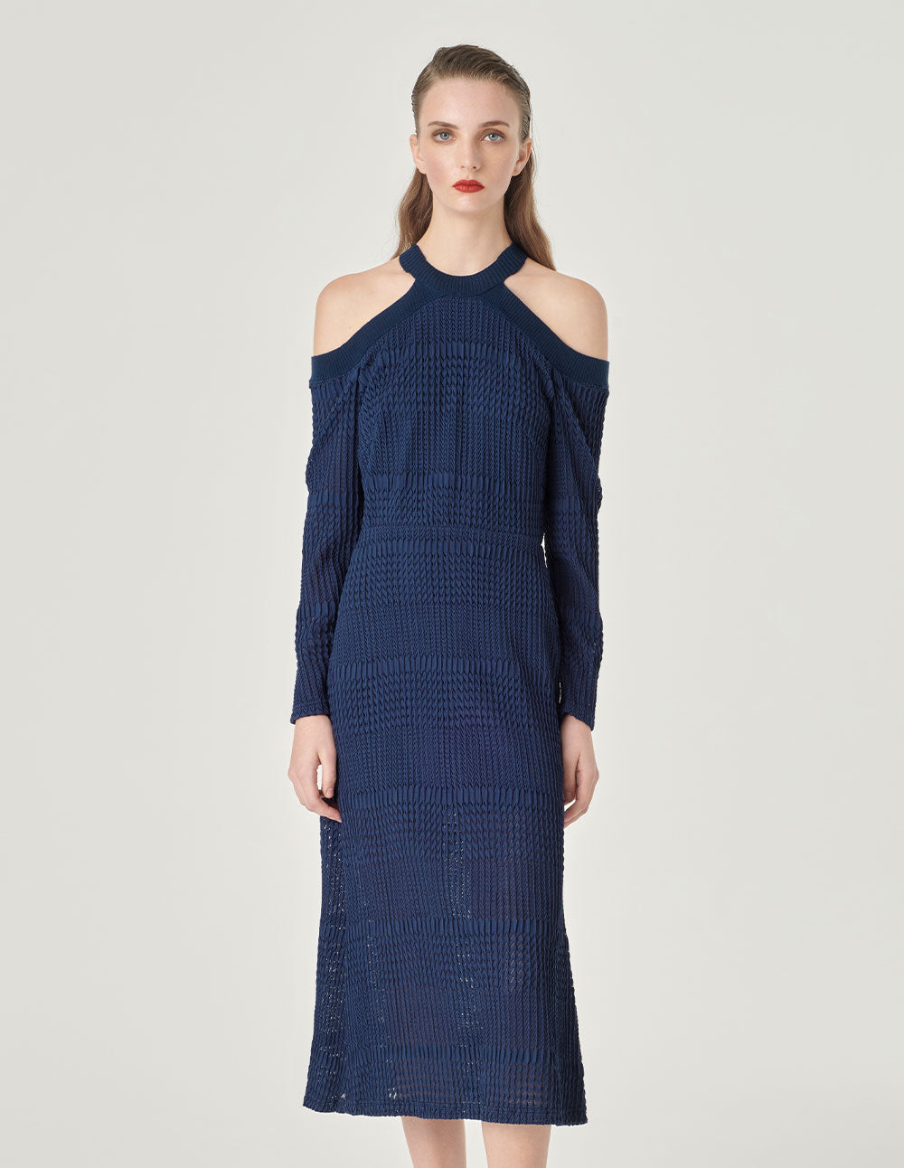 MARYLING Dark Blue Off-Shoulder Slim Fit Fishtail Lace Dress