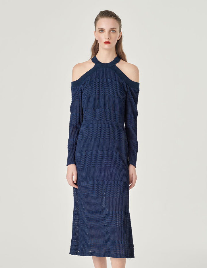 MARYLING Dark Blue Off-Shoulder Slim Fit Fishtail Lace Dress