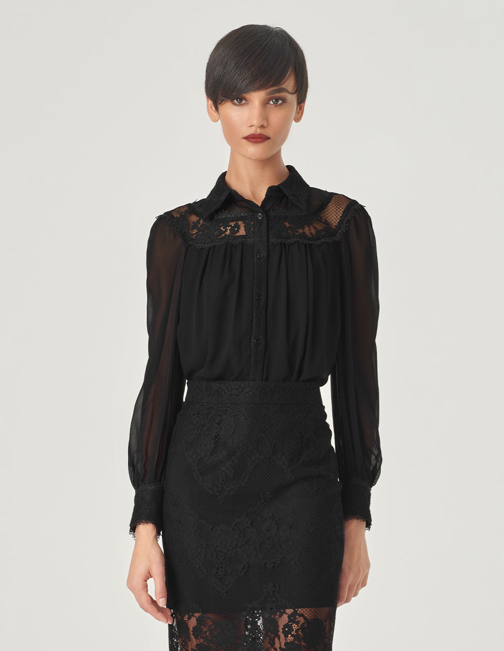 MARYLING Black Lace Paneled Silk Georgette Top