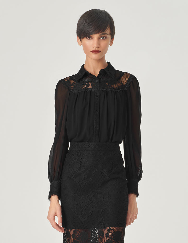 MARYLING Black Lace Paneled Silk Georgette Top