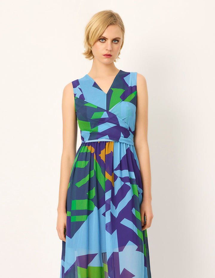 MARYLING V-Neck Sleeveless Blue Green Patchwork Floral Pleated Midi Dress