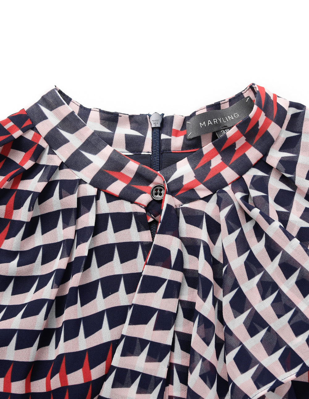 MARYLING Stand-Collar Trumpet Sleeves Houndstooth Pleated Midi Dress