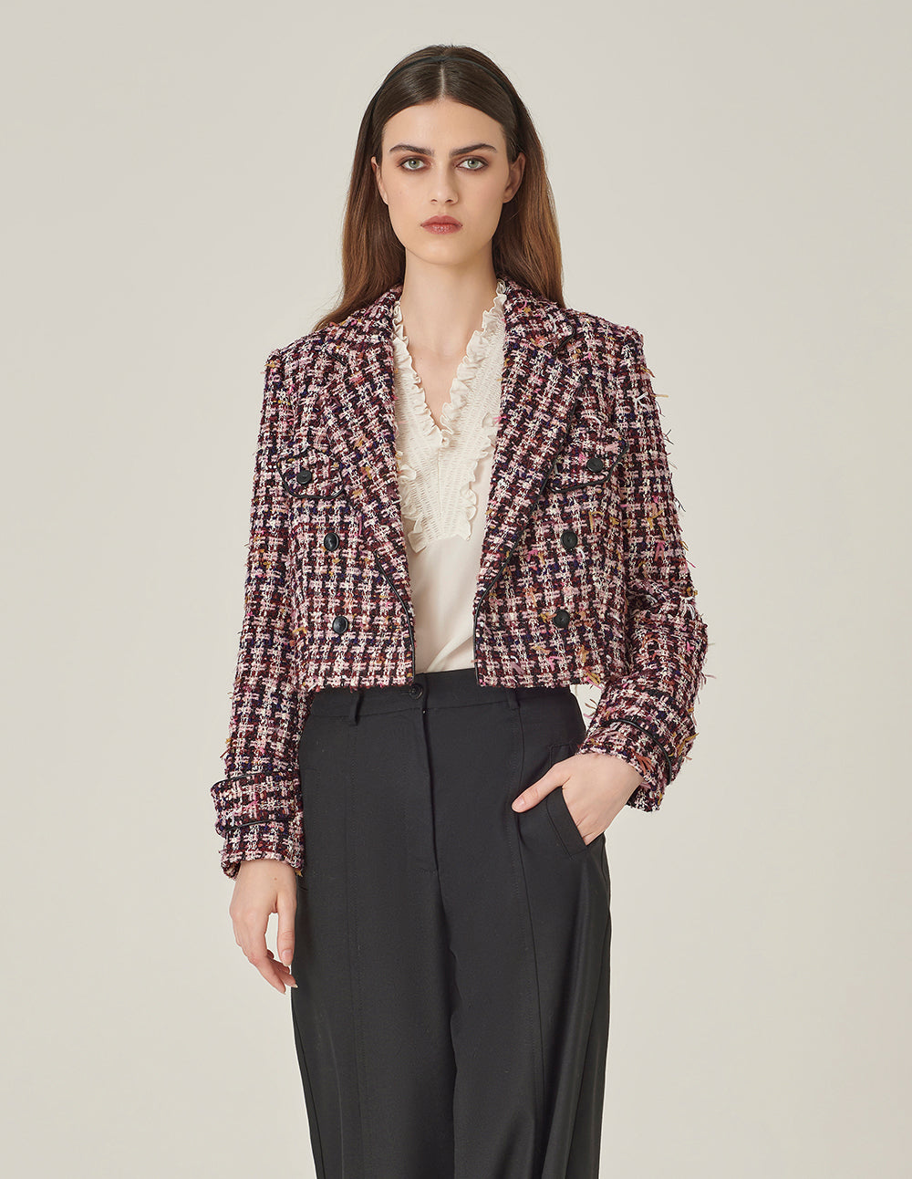 MARYLING Pink & Black Plaid H-Shaped Cropped Tweed Jacket
