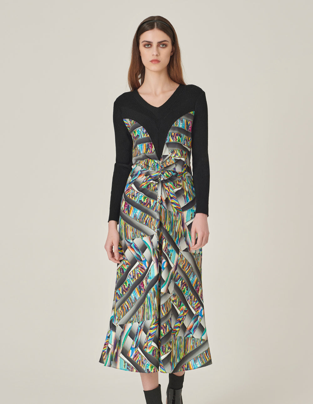 MARYLING Round-Neck Long-Sleeve Empired Knitted Printed Midi Dress