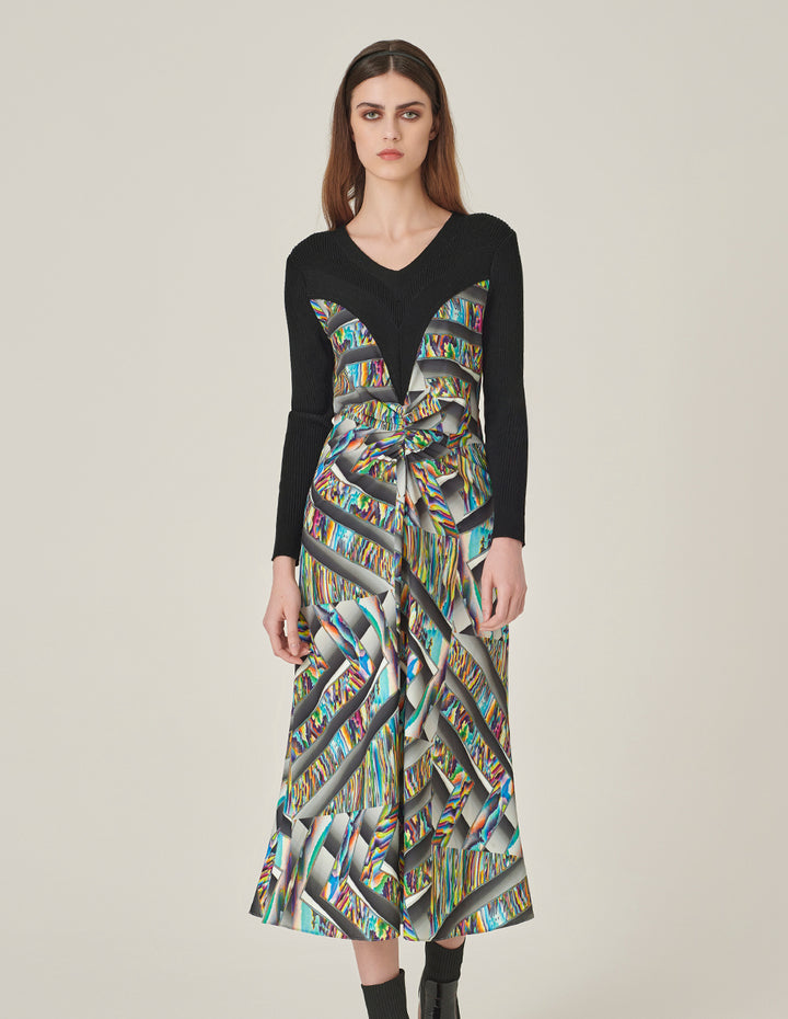 MARYLING Round-Neck Long-Sleeve Empired Knitted Printed Midi Dress