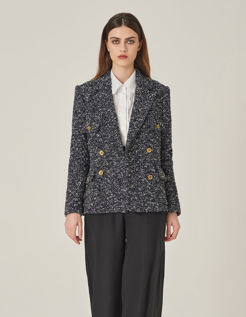 MARYLING Lapel Long-Sleeve Tweed Double-Breasted Blazer