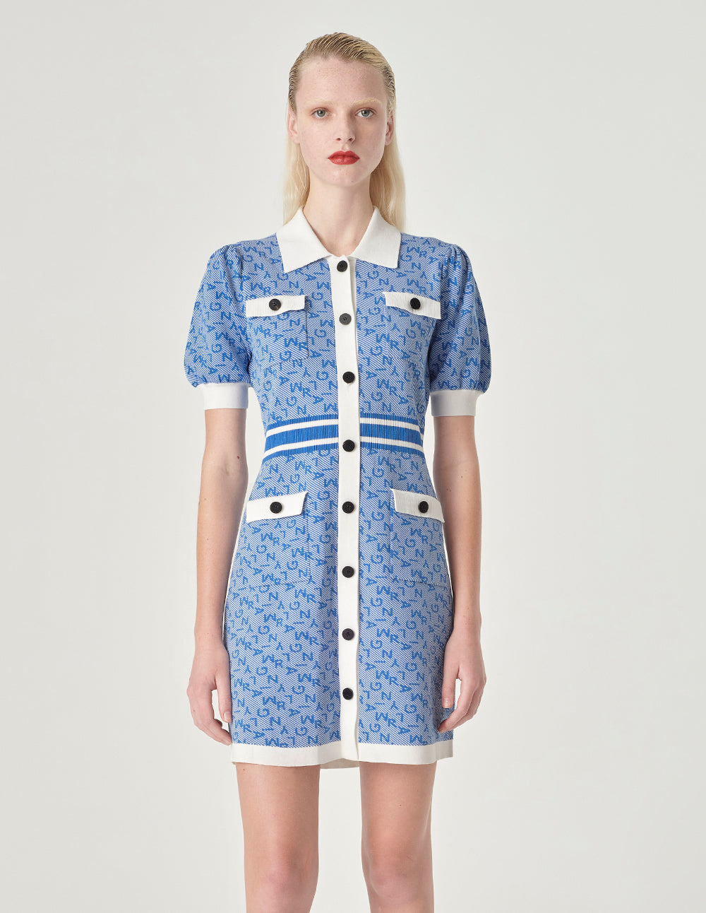 MARYLING Denim Blue T-Shirt Collar Jacquard Knitted Dress