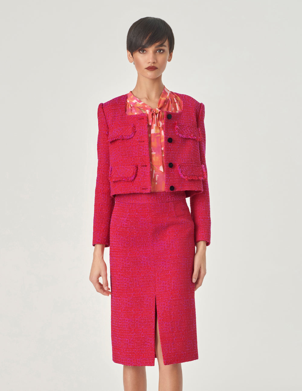 MARYLING Red Square Collar Short Tweed Jacket