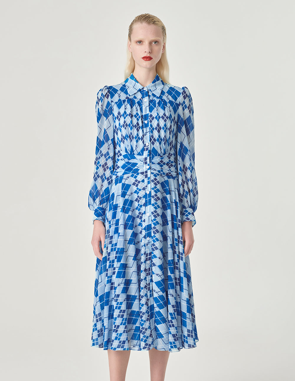 MARYLING Blue And White Plaid Shirt Collar A-Hem Dress