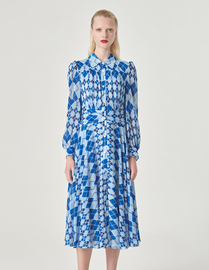 MARYLING Blue And White Plaid Shirt Collar A-Hem Dress