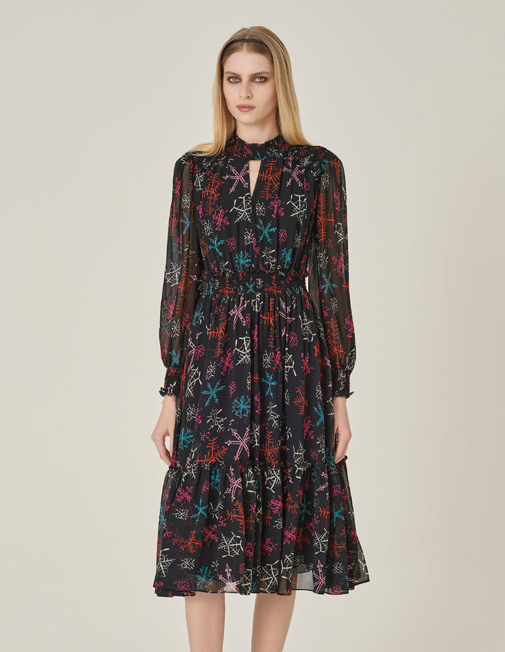 MARYLING Ruffle Collar Cutout Printed Long Sleeve Pleated Midi Dress