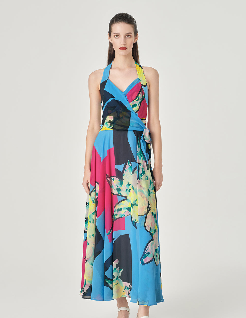 MARYLING Halter Neck Design Full Swing Georgette Print Dress