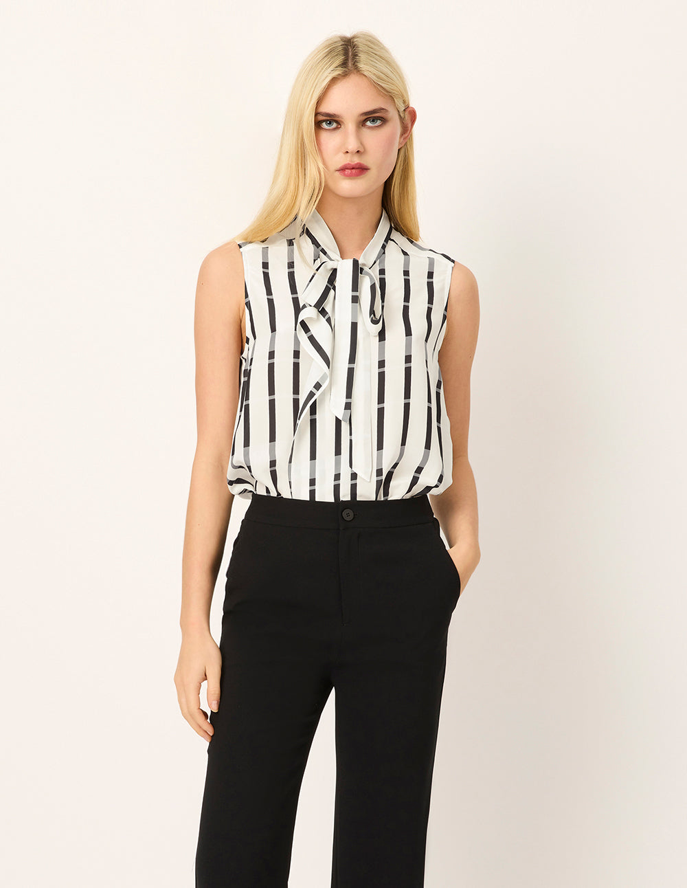 MARYLING Tie Neck Sleeveless Striped Asymmetric Top