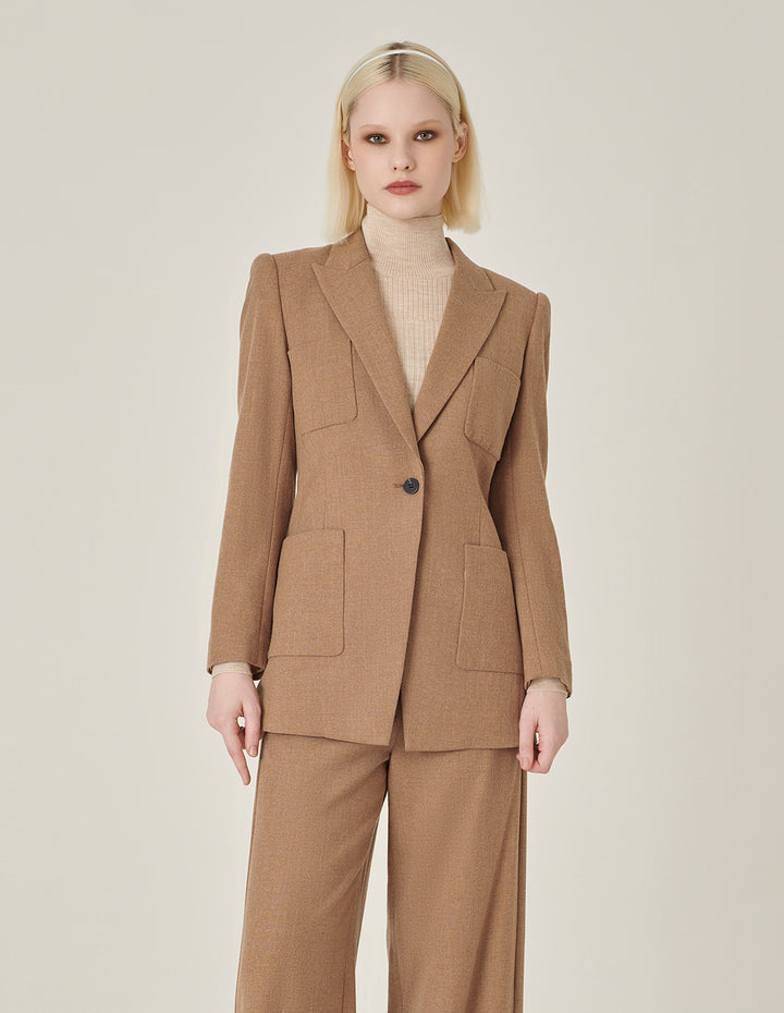 MARYLING Camel Wool Single-Breasted Midi Blazer