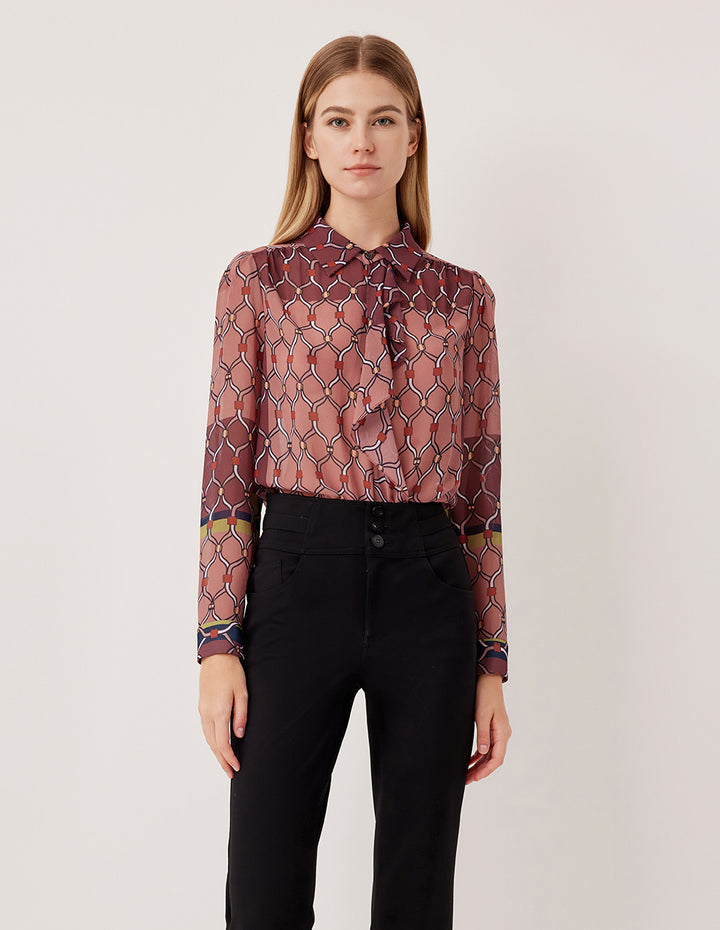 MARYLING Tie-Neck Long Sleeve Geometric Print Blouse