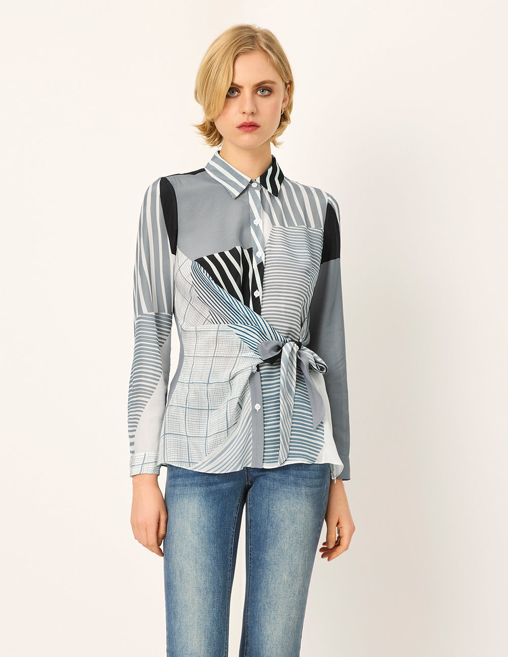 MARYLING Lapel Long-Sleeve Striped Print Silk Blouse