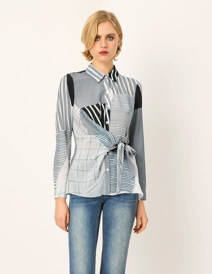 MARYLING Lapel Long-Sleeve Striped Print Silk Blouse