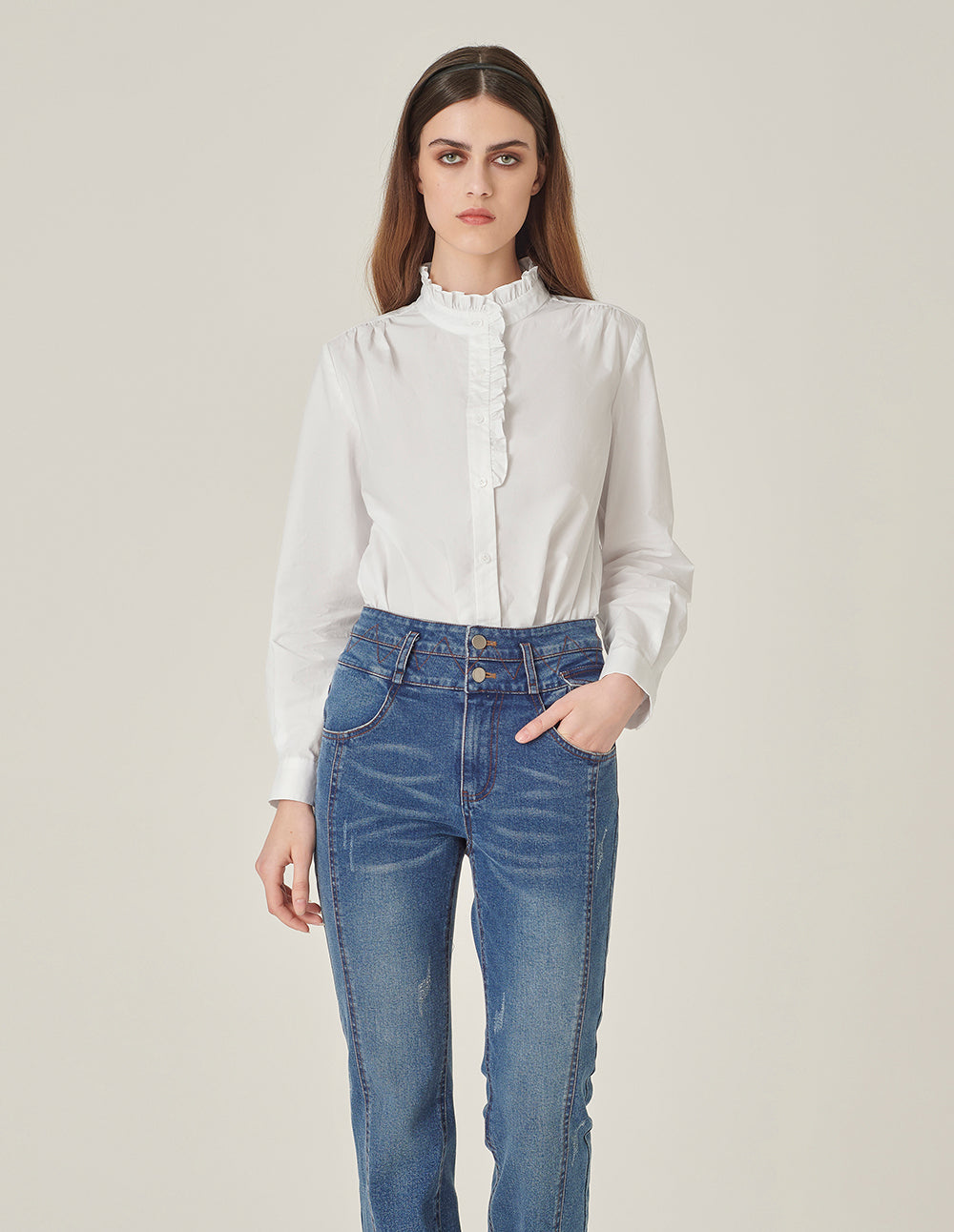 MARYLING Ruffle-Stand Collar Long-Sleeve Cotton Blouse