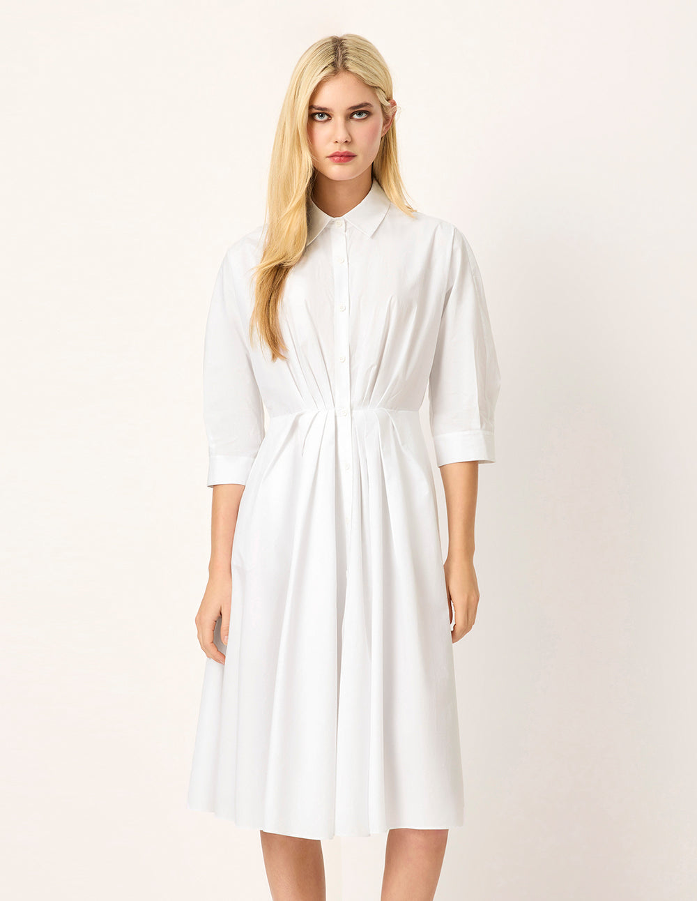 MARYLING Batwing-Sleeve Pleated Waist Midi Shirt Dress