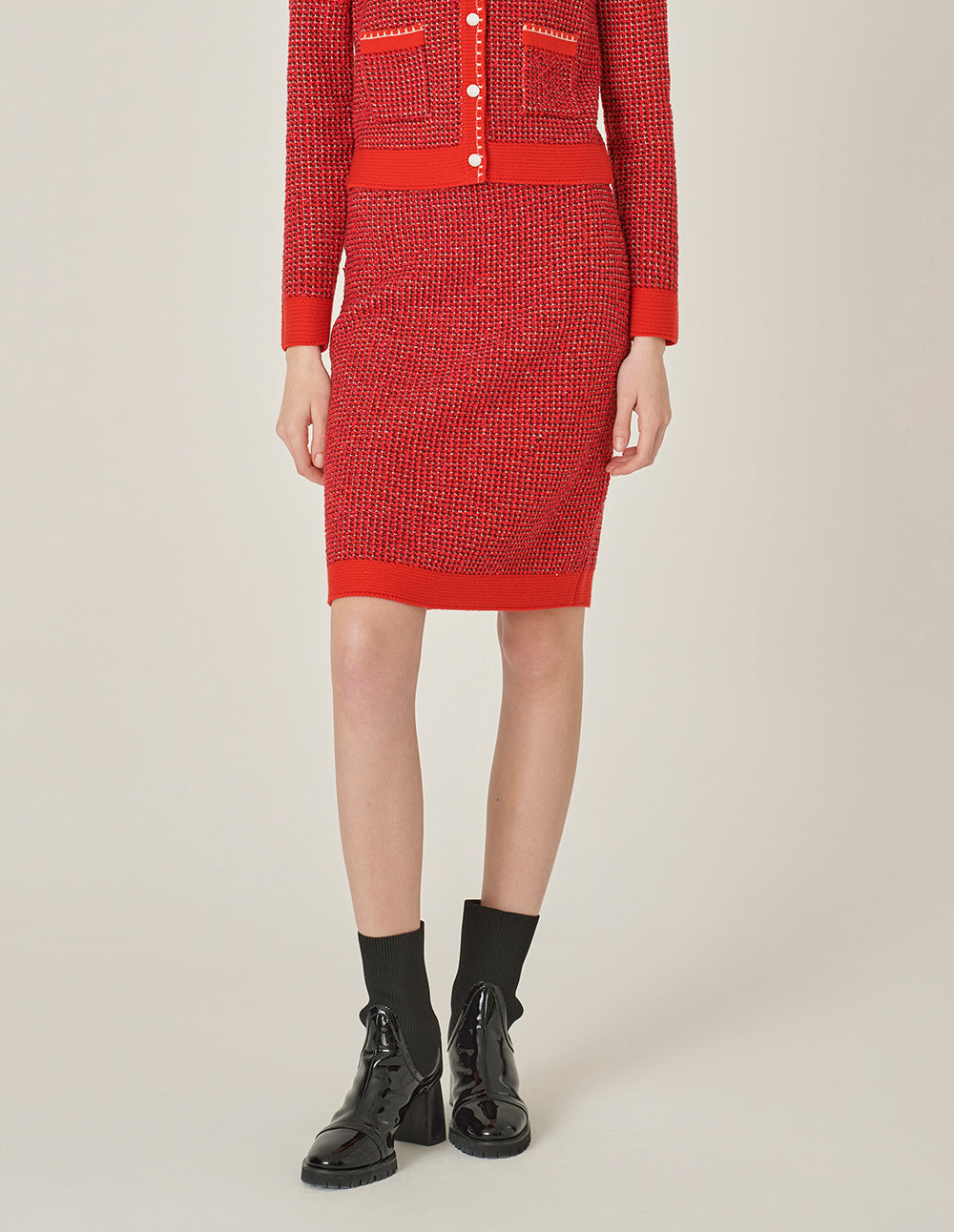 MARYLING Red Straight Fit Knit Midi Pencil Skirt