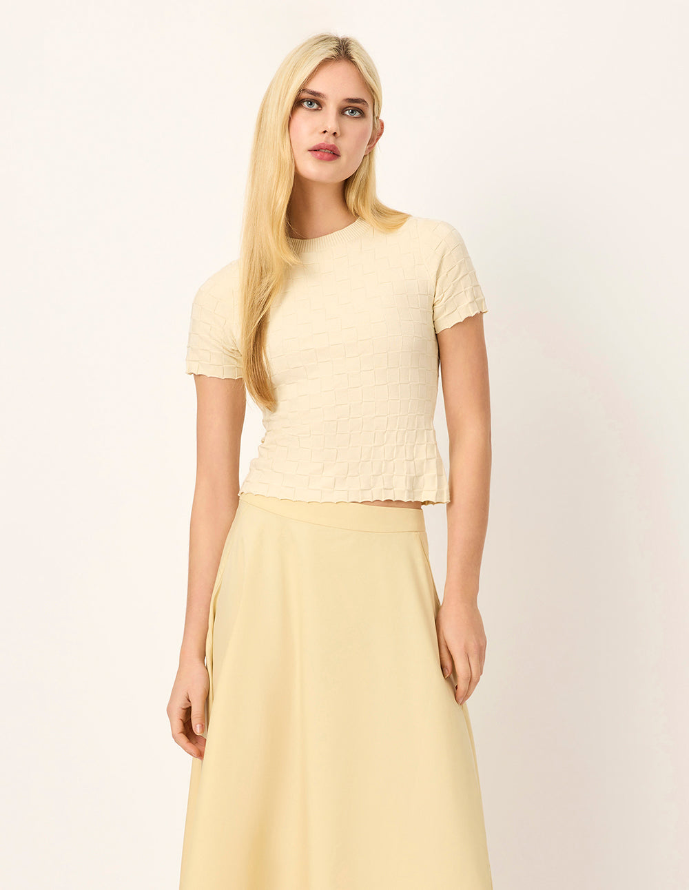 MARYLING Round-Neck Short-Sleeve Grid Breathable Cotton Knit Top