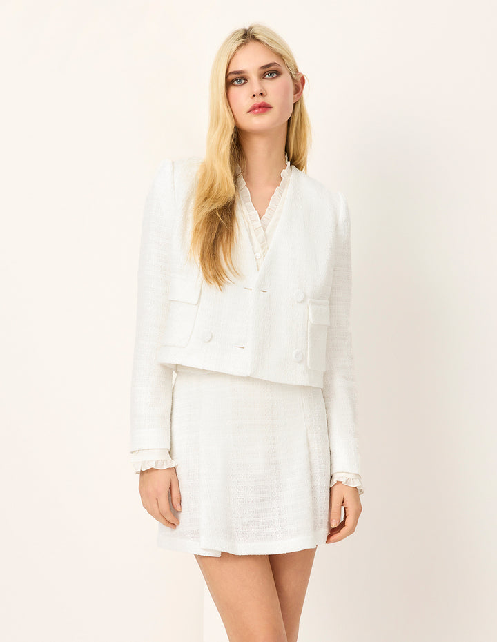 MARYLING V-Neck Double-Breasted Wrap Cropped Tweed Blazer