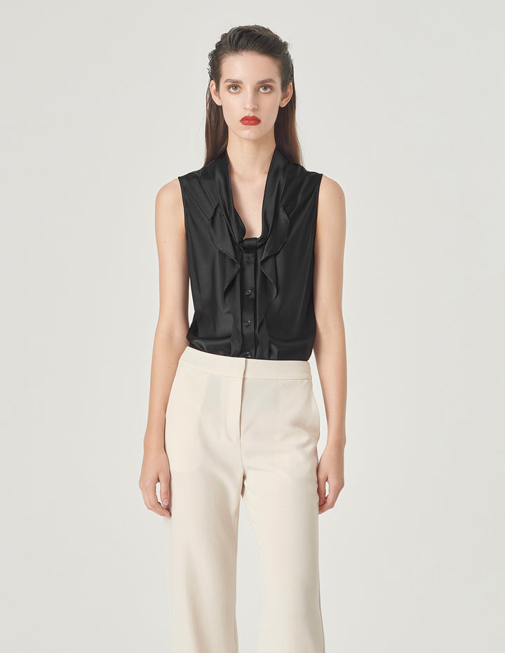 MARYLING V-Neck Silk Vest With Ruffles Chest